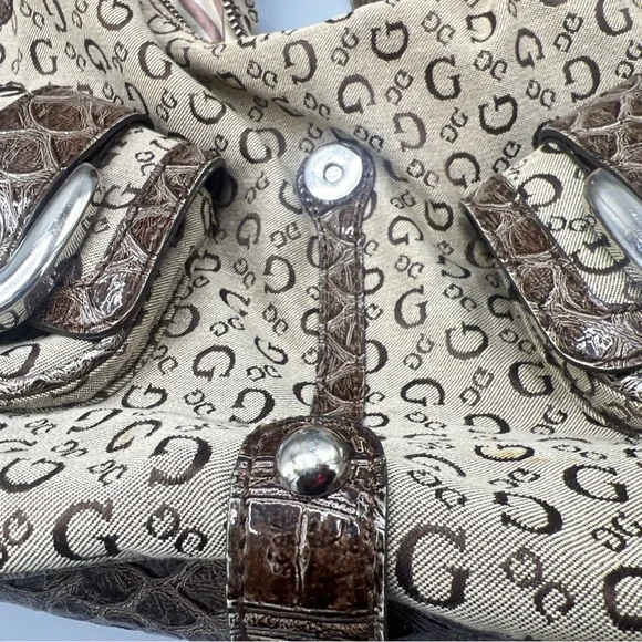 Vintage Guess  Beige & Brown Logo Hobo with Croc-Embossed Trim - Picture 12 of 16